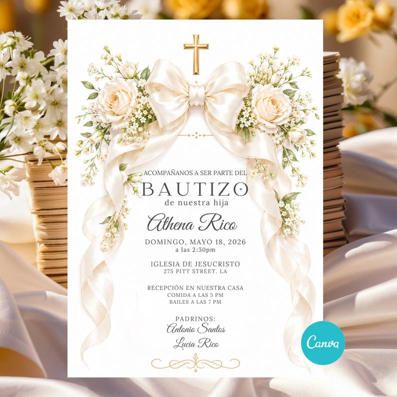 Spanish Baptism Invitation for Girl, Editable Canva Bautizo Niña ...