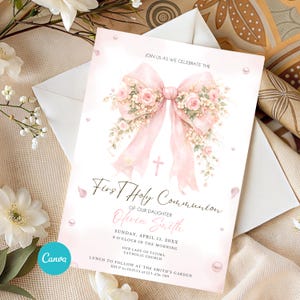 May include: A pink First Holy Communion invitation with a large bow and floral arrangement. The invitation includes the text "First Holy Communion" and details such as the date, time, and location. The Canva logo is visible in the bottom left corner.