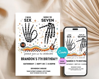 May include: A birthday invitation design with a retro theme. The invitation features the text "I was SIX, Now I'm SEVEN" with skeleton hand illustrations. Includes details for Brandon's 7th birthday, a guitar, and a record.