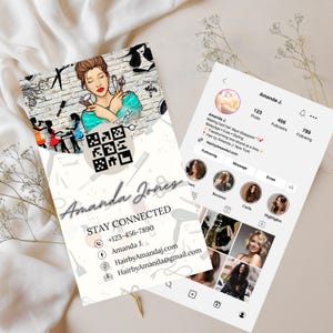 May include: A business card and a social media profile are displayed. The business card features a stylized illustration of a woman holding beauty tools, a QR code, and contact information. The social media profile showcases hair styling services.
