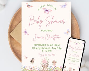 Plantilla de invitación para baby shower de hadas, Jardín Encantado, Canva editable (descarga digital)