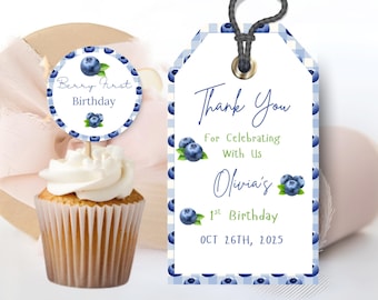 Berry 1st Birthday Cupcake Toppers and Favor Tags Blueberry theme (Digital Download)