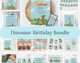 Pode incluir: Uma coleção de artigos para festas de aniversário com tema de dinossauros, incluindo convites, banners, etiquetas e letreiros. Os designs apresentam ilustrações de dinossauros, árvores e nuvens em um fundo azul claro. O texto inclui "Olivia's Birthday".