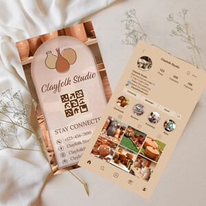 May include: Two promotional materials for Clayfolk Studio are displayed. One is a business card with the studio's logo, a QR code, and contact information. The other is a phone screen showing the studio's Instagram profile with pottery images.
