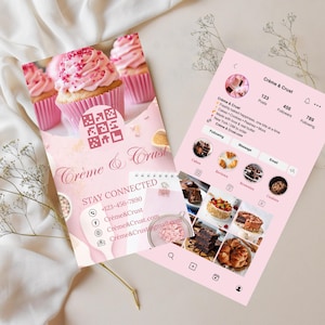 Puede incluir: Material promocional rosa y blanco para la panadería Crème & Crust. El folleto presenta cupcakes con glaseado rosa, mientras que el perfil de Instagram muestra pasteles, galletas y brownies. Se muestran los datos de contacto y las redes sociales.
