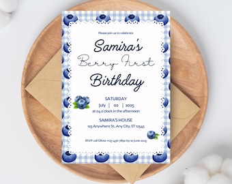 Blueberry First Birthday Invitation: Editable Template (Digital Download)
