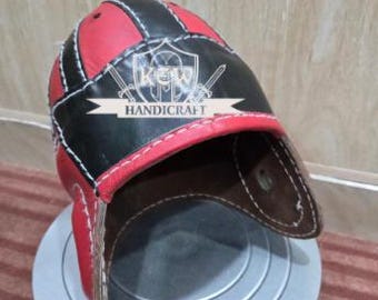 Handcrafted Vintage Red & Black Leather Football Helmet | Retro Old School Gridiron Antique Replica Sports Memorabilia Costume Headgear