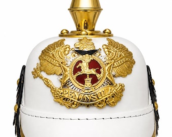 Medieval German Spiked Helmet with Brass "Peninsula" Badge for Cosplay, Theater, and Historical Reenactment