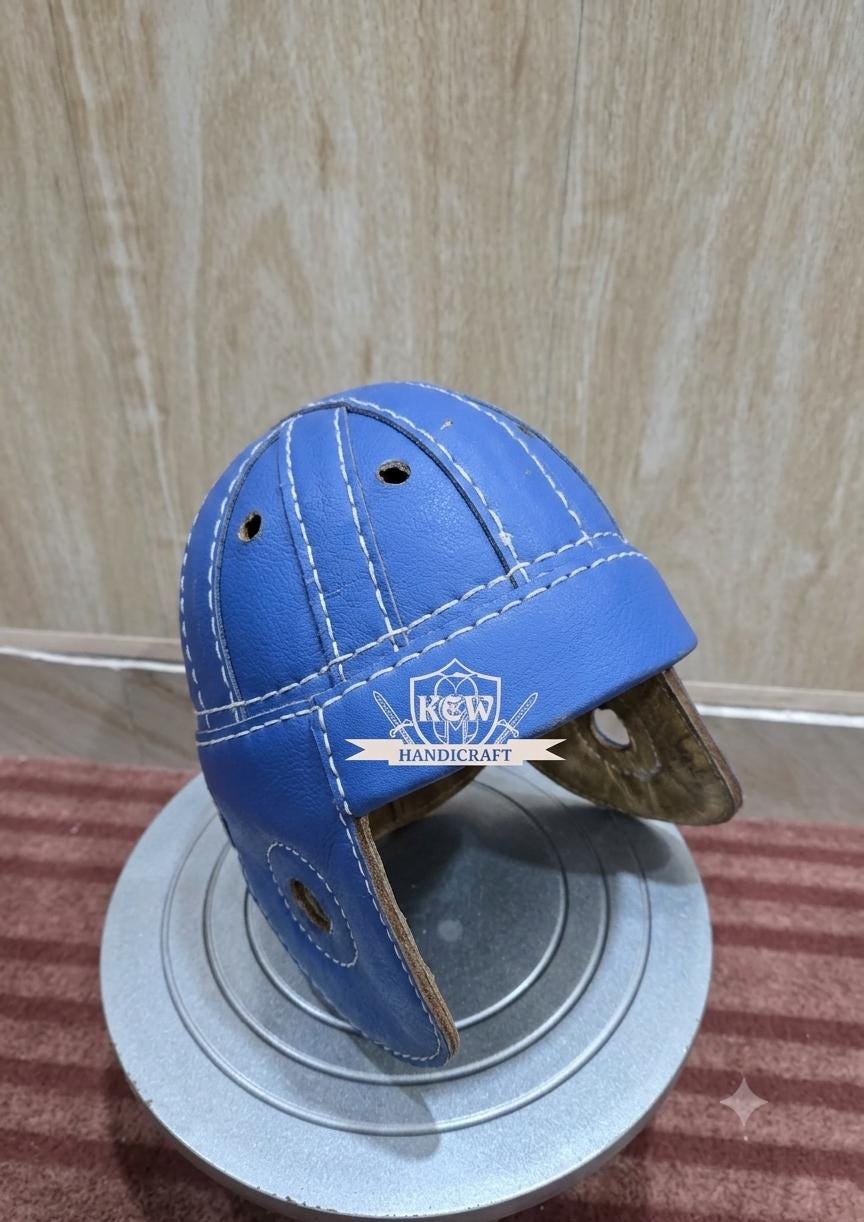 Handcrafted Blue Leather Football Helmet: Vintage Replica Sports Memorabilia Cosplay Cap