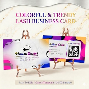 May include: Two business cards for a lash artist, displayed on small copper easels. The cards feature the text "COLORFUL & TRENDY LASH BUSINESS CARD" and the business name "Veloura Lashes". The cards are 3.5 x 2 inches in size.