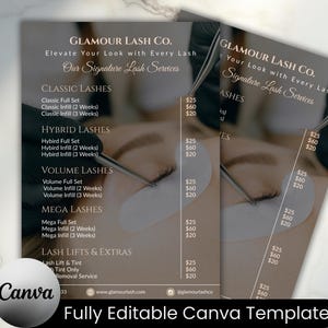 Op de afbeelding: Een wimperprijslijst sjabloon met de tekst "Glamour Lash Co." en "Elevate Your Look with Every Lash." Het sjabloon bevat diensten zoals Classic Lashes, Hybrid Lashes en Volume Lashes. Het sjabloon is volledig bewerkbaar in Canva.