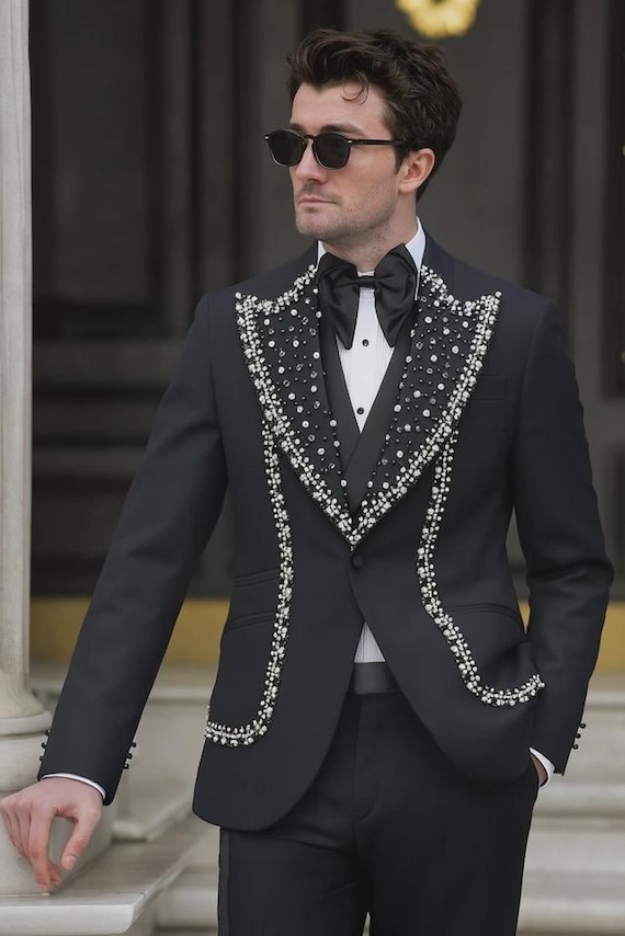Luxury Men's Beaded Peak Lapel Suit for Men Wedding Business Banquet Jacket Wear