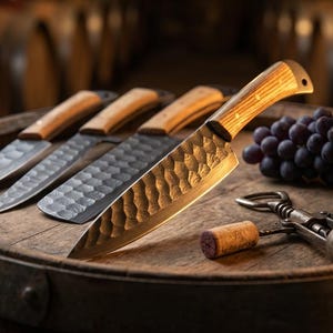 May include: Three kitchen knives with hammered metal blades and light-colored wooden handles arranged in a row. Beside the knives are a cluster of dark purple grapes, a metal corkscrew, and a single cork, all resting on a wooden surface.