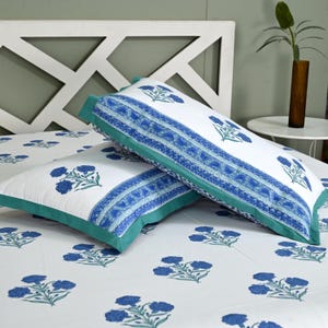 Blue Floral Cotton Bedsheet Set with Pillow Covers, 108x108 Inch King Size Bedspread, Indian Block Print Bedding, Boho Blue White Home Decor