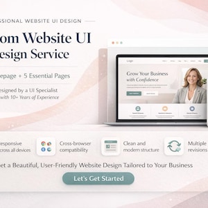 Può includere: Immagine promozionale per un servizio di progettazione dell'interfaccia utente di siti web. L'immagine presenta un laptop, un tablet e uno smartphone che mostrano un'interfaccia di sito web. Il testo include "Custom Website UI Design Service".