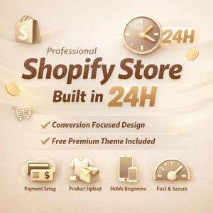 Peut inclure: Graphique promotionnel pour une boutique Shopify. Le texte indique "Professional Shopify Store Built in 24H". Le texte supplémentaire comprend "Conversion Focused Design" et "Free Premium Theme Included". Les icônes représentent la configuration des paiements, le téléchargement de produits, la réactivité mobile et un service rapide et sécurisé.