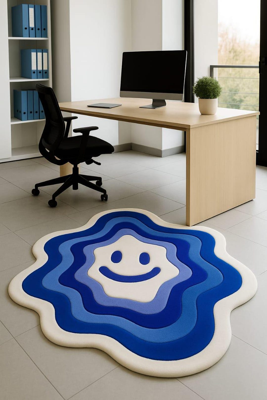 Smiley Rug Temu Handmade Tufted Rug Blue Smiley Face Wavy Rug: Modern Abstract Decor - Etsy