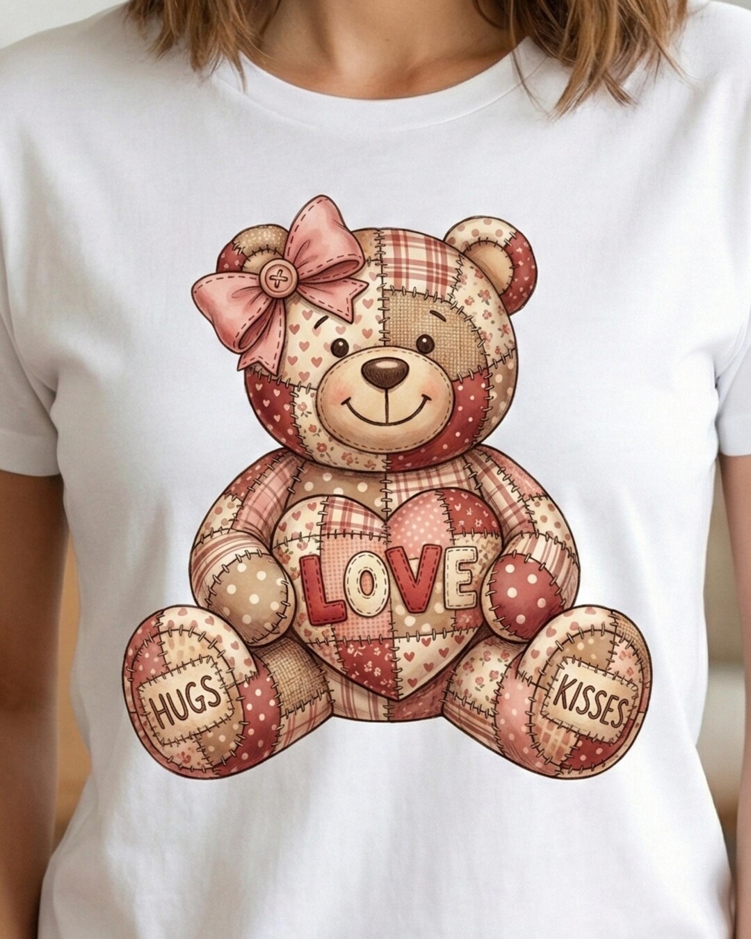 Patchwork Teddy Bear PNG Quilted Heart, Hugs and Kisses Valentine ...