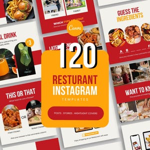 Restaurant Canva Social Media Posts, Stories and Icons | Canva Templates for Restaurant Marketing | IG Branding & Promotion Kit