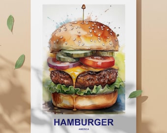 Impressão digital de hambúrguer para download: comida americana, impressão digital de hambúrguer, decoração de parede com tema gastronômico dos EUA, presente para amantes da culinária.