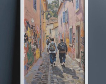 Puede incluir: Pintura enmarcada de una calle europea. Dos personas con mochilas caminan por un camino empedrado. Edificios con paredes rosas y amarillas, cubiertos de grafitis, bordean la calle. Se ven contraventanas azules y una farola.