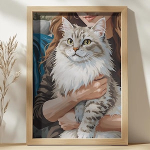 Girl Hugging Cute Cat Art Print – Cozy Cat Lover Poster, Fluffy Cat Wall Art Decor, Pet Portrait Gift