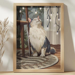 Fluffy Cat Wall Art Print – Whimsical Cute Cat Poster, Cozy Boho Home Decor, Cat Lover Gift, Nursery Animal Illustration
