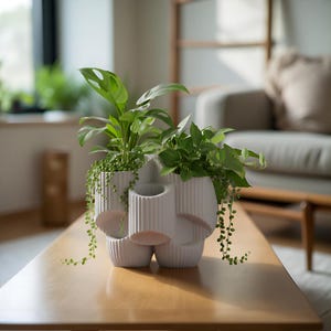 Puede incluir: Una maceta blanca de forma abstracta con múltiples compartimentos, llena de varias plantas verdes. La maceta está sobre una mesa de madera, con un fondo borroso de un salón. Las plantas incluyen una planta de queso suizo y enredaderas colgantes.