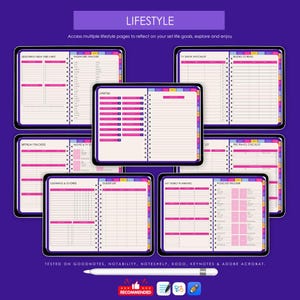 May include: Digital lifestyle planner with multiple pages, including habit trackers, checklists, and planning sections. The planner is displayed on several tablets with a purple background. The text "LIFESTYLE" is at the top.