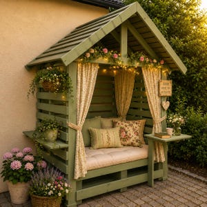 May include: A sage green wooden garden gazebo with a gabled roof, featuring beige curtains, a tufted bench cushion, and floral throw pillows. The structure includes side shelves, string lights, and a hanging sign that reads Bloom where you are planted.