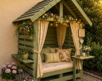 Op de afbeelding: Een saliegroene houten tuinpaviljoen met een zadeldak, voorzien van beige gordijnen, een gecapitonneerd bankkussen en bloemrijke sierkussens. De structuur bevat zijplanken, lichtsnoeren en een hangend bordje met de tekst Bloom where you are planted.