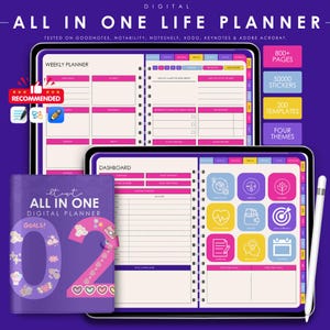 May include: Digital All in One Life Planner on a tablet, with a purple and pink theme. The planner includes a weekly planner, dashboard, and a cover that says "Goals!" with the number "02". The planner is recommended and has 800+ pages, 50000 stickers, 200 templates, and four themes.