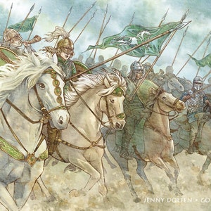 Puede incluir: Una pintura de acuarela que representa a un grupo de caballeros a caballo, cargando en la batalla. Los caballeros visten armaduras verdes y llevan lanzas y escudos. Montan caballos blancos con bridas verdes y doradas. El fondo es un cielo azul claro con nubes.