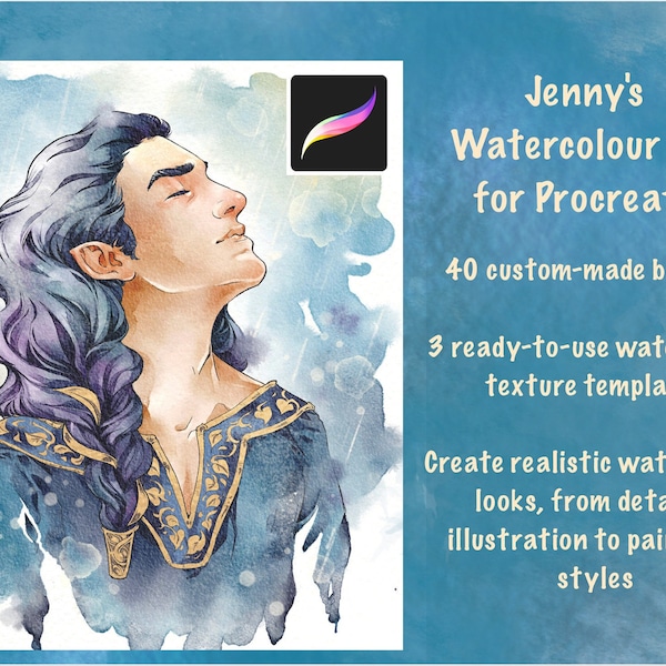 Jenny's watercolour brush set - 40 Procreate brushes + 3 digital canvases (digital download)