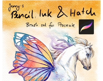 May include: A digital illustration of a white horse with butterfly wings. The horse is depicted in a watercolor style with a soft, dreamy aesthetic. The text "Jenny's Pencil, Ink & Hatch Brush set for Procreate" is displayed at the top of the image. The image also includes the text "30 custom made brushes + 1 bonus paper template for all your pencil needs."