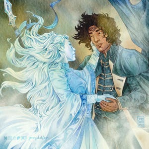 以下が含まれることがあります： 長い白髪が流れ落ちる女性と、黒髪の男性を描いた水彩画。女性は白いロングドレスを着ており、男性は暗いスーツを着ている。女性は剣を持ち、男性は本を持っている。絵は曇り空を背景に描かれている。