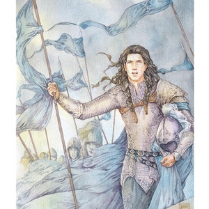 May include: A watercolour painting of a young man in armour, holding a spear and a blue flag. He is standing on a platform with a crowd of people behind him. The painting is done in a soft, muted palette of blues, greys, and whites.