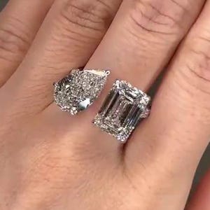 Pear & Emerald Cut Moissanite Ring: Sterling Silver Two Stone Engagement