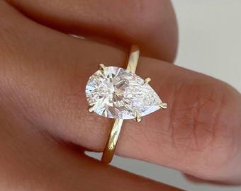 3 CT Pear Cut Moissanite Engagement Ring, 18k Yellow Gold Hidden Halo Wedding Ring, GRA Certified D-VVS1 Pear Solitaire Ring, Custom Ring.