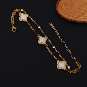 Gold Clover Bracelet: Mother of Pearl, Cubic Zirconia, Adjustable Double Chain
