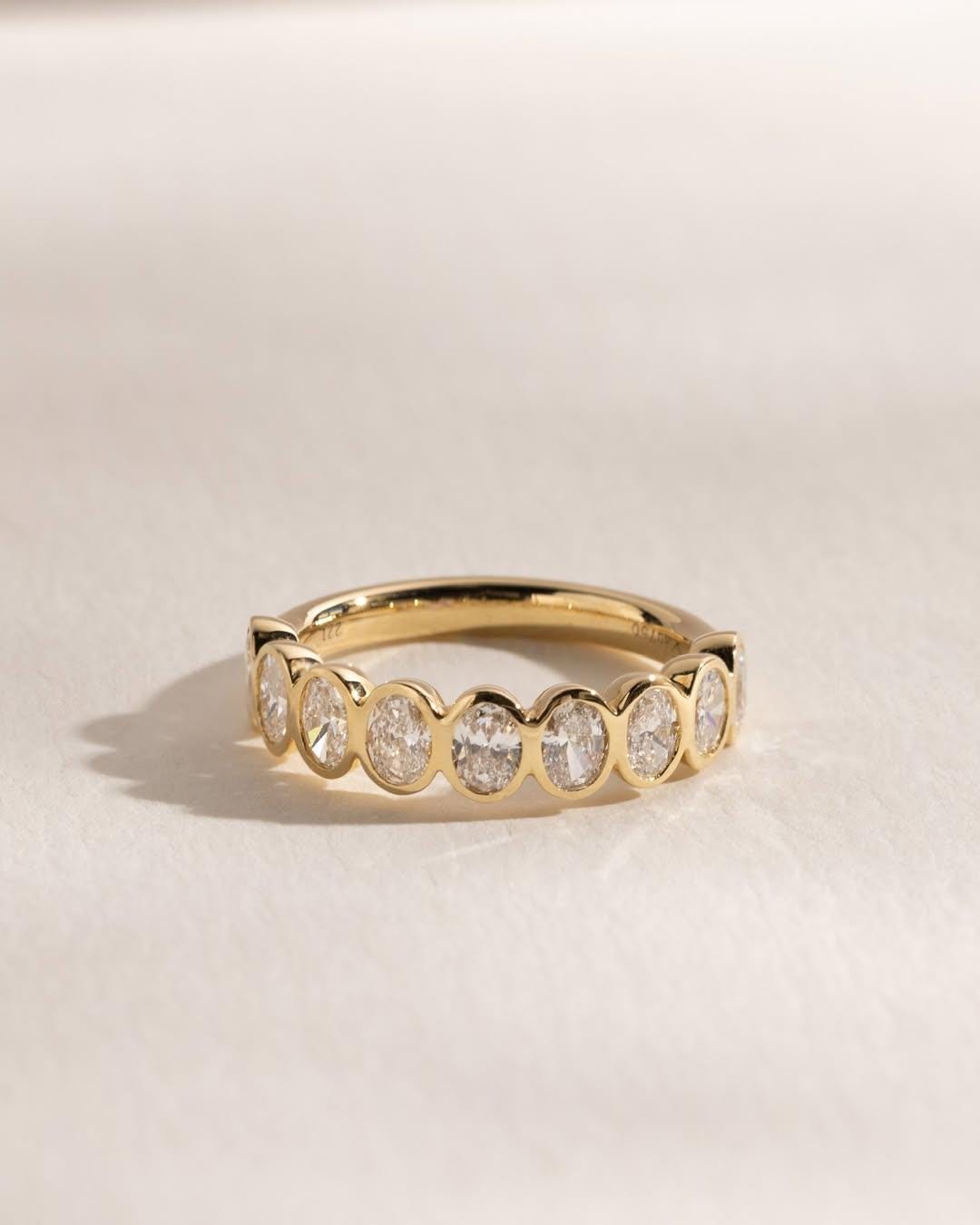 Bezel Set Oval Cut Moissanite Wedding Band, 14k Gold Half Eternity Ring ...