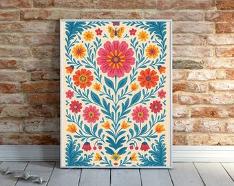 Op de afbeelding: Een ingelijste kunstafdruk met een bloemenontwerp. Het kunstwerk toont een symmetrische opstelling van bloemen in roze, oranje en geel, met blauwe bladeren en een vlinder op een crèmekleurige achtergrond. De lijst is wit.