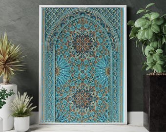 Puede incluir: Una obra de arte enmarcada con un patrón geométrico detallado en tonos turquesa, marrón y dorado. El diseño simétrico presenta una forma arqueada y motivos intrincados en forma de estrella. La obra se exhibe sobre un fondo oscuro.