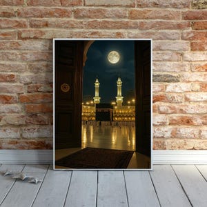 Kaaba Night View Poster, Open Door to Holy Mecca Wall Art, Islamic Spiritual Decor Print, Moonlit Kaaba Mosque Artwor