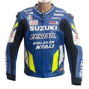 Suzuki Ecstar Blue Leather Motorcycle Racing Jacket | MotoGP Style Biker Jacket | Men&#39;s Suzuki GSXR Riding Gear