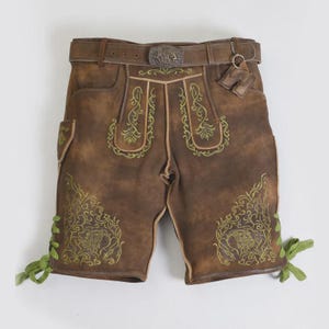 Authentic Traditional Lederhosen Men’s Brown Leather Bavarian Shorts with Embroidery & Belt – Oktoberfest Costume