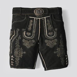 Authentic Black Lederhosen Shorts with Traditional Embroidery & Decorative Belt – Premium Bavarian Trachten Wear for Oktoberfest