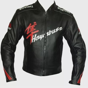 Men Suzuki Hayabusa Black Motorcycle Riding Gear Biker Genuine Cowhide Leather Racing Jacket