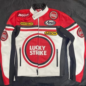 Lucky Strike Motorcycle Leather Jacket - Red White Black Racing Biker Jacket