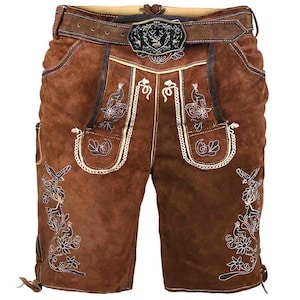 Premium Oktoberfest Lederhosen Shorts – Traditional Brown Suede with Embroidered Detailing, Men’s Bavarian Leather Shorts